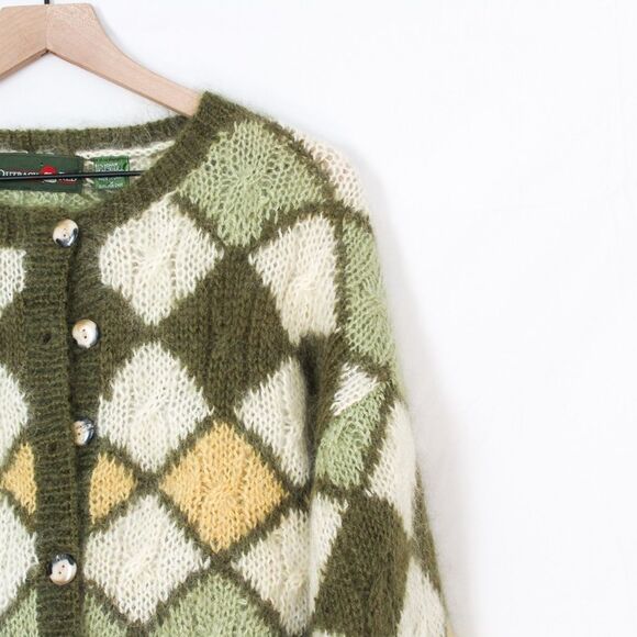 Vintage 80s Mohair Green and Yellow Diamond Button Front Cardigan Small - Picture 2 of 8